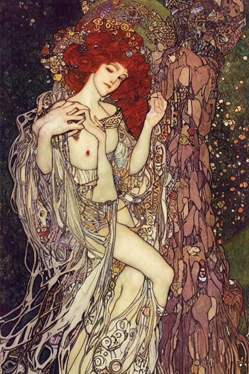 Image similar to Elven Queen by (Gustav Klimt), ((Alphonse Mucha)), Ayami Kojima, and ((Arthur Rackham))