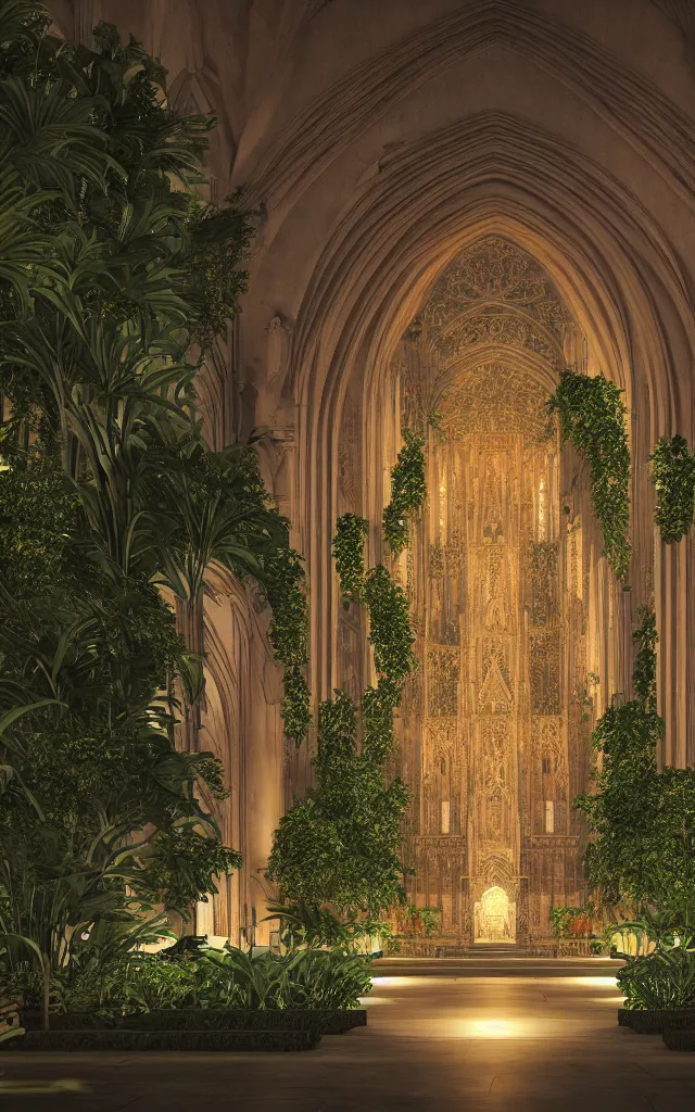 Image similar to cathedral interior at night with koi pond in the middle surrounded by palm trees, ivy, flowers, tropical plants, roses, and with archways, rendered in octane render with photorealistic lighting, cinematic, horizontal symmetry, stars in the sky, baroque, sanctuary, unsplash contest winner, maximalism, sanctuary