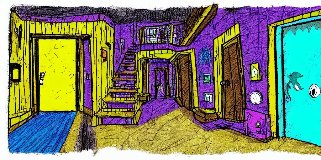 Image similar to a colorful dimly lit, theater access corridor, 3 doors, 1 staircase, day of the tentacle style, fish eye, drawn by Scott C