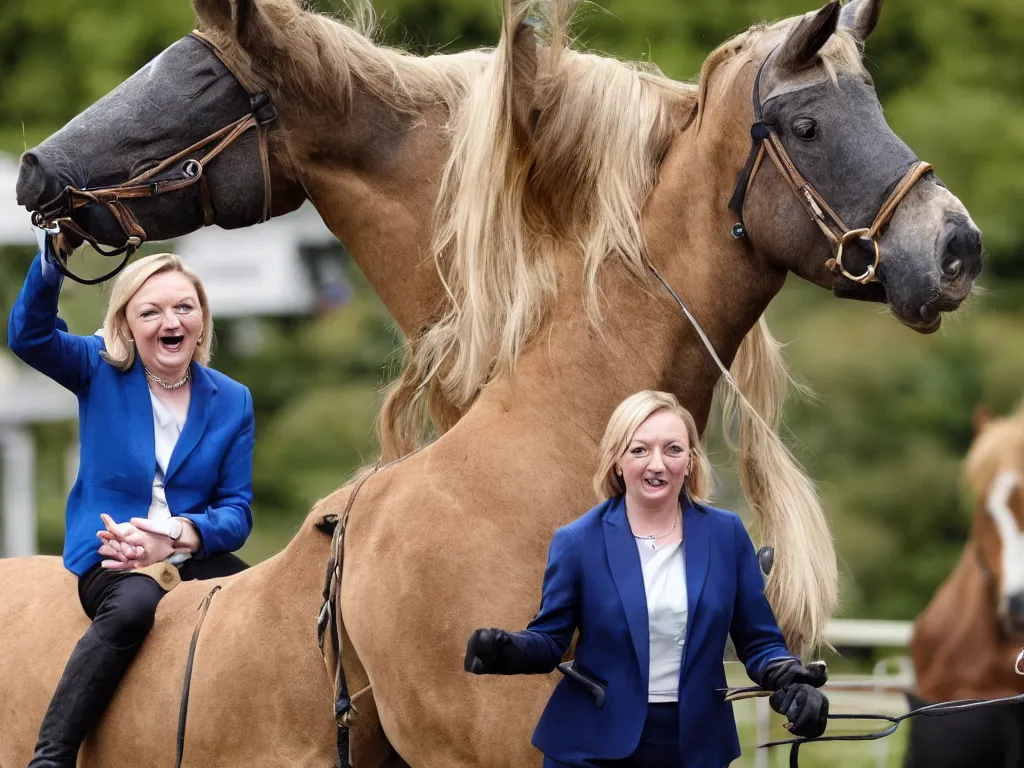 Prompt: liz truss inside a horse, her head visible in the horse's throat as it yawns