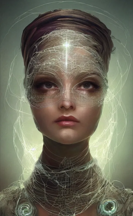 Prompt: portrait of a humanoid robot wearing a veil, mystic, mystical, robot body, wires, robotic, intricate, headshot, highly detailed, digital painting, artstation, concept art, sharp focus, cinematic lighting, digital painting, art by artgerm and greg rutkowski, alphonse mucha, cgsociety