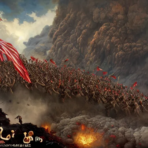 Prompt: an army of muppets flying out of a volcano with flag bearers and trumpeters, intricate detail, royo, vallejo, frazetta, giger, whealan, hd, unreal engine,