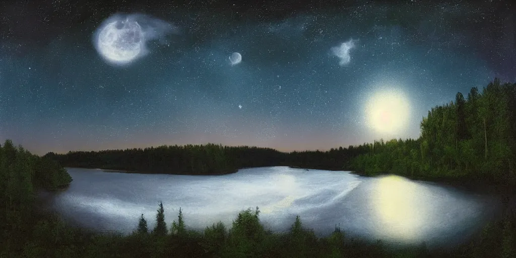 Prompt: a detailed beautiful pastel painting of a forested river valley under a starry night sky, moon reflecting on water, by Mikko Lagerstedt and Raphael Lacoste, fisheye lens