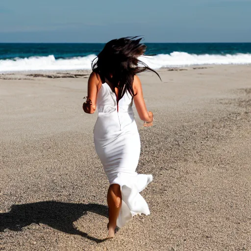 Image similar to dark haired woman in a white dress running on the beach