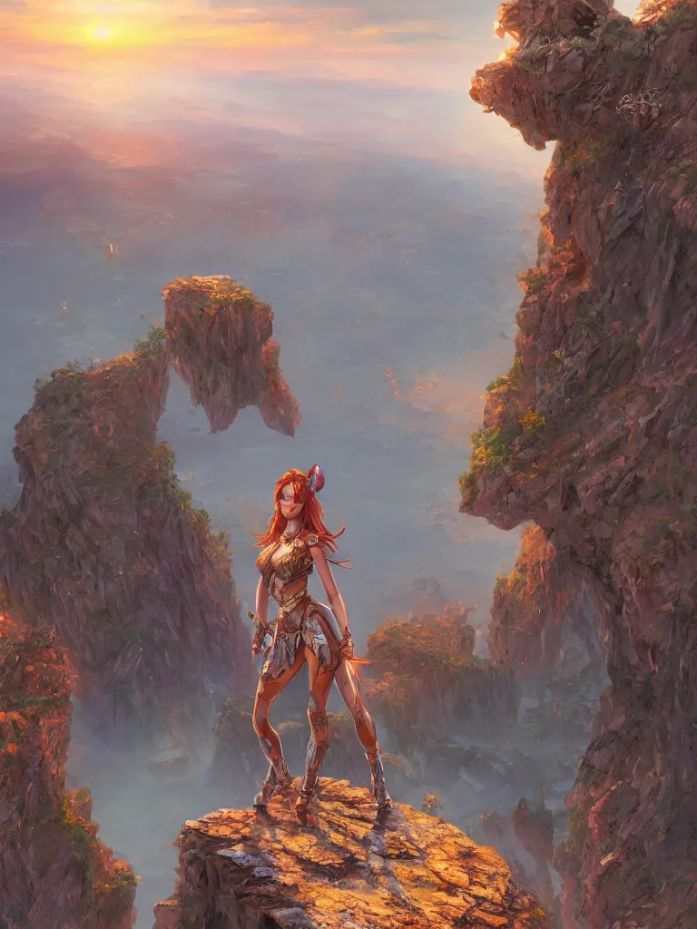 Prompt: an pretty warrior woman stands on a cliff during a sunrise, artistic composition, art style of hajime sorayama, cinematic, highly detailed, sharp focus, intricate concept art, digital painting, colorful flat surreal design, hd, 8 k, artstation, ambient lighting