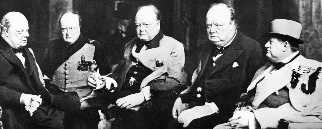 Image similar to Winston Churchill talking to Napoleon Bonaparte, vintage photo