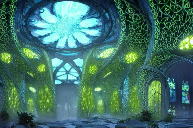 Image similar to futuristic foliage overgrowing detailed favela bioluminescence bunker hive, art nouveau environment, cathedral, award winning art, epic dreamlike fantasy landscape, ultra realistic,