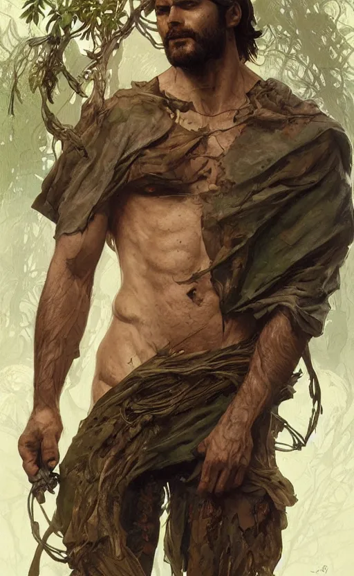 Image similar to god of the forest, 30 years old, rugged, male, gorgeous gorgeous gorgeous, detailed face face face face, amazing, thighs thighs thighs thighs, muscular, intricate, highly detailed, digital painting, artstation, concept art, sharp focus, illustration, art by greg rutkowski and alphonse mucha