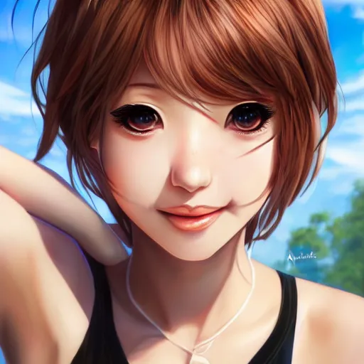 Image similar to portrait of Sayori from Doki Doki Literature Club, detailed facial features, optimistic colors, bright eyes, clear eyes, warm smile, delicate, clean shot, by artgerm