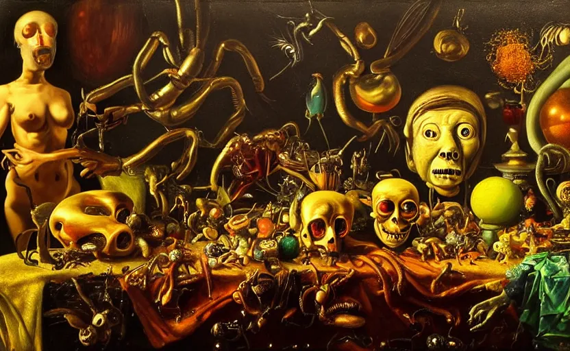 Image similar to the weirdest image ever disturbing colorful oil painting dutch golden age vanitas still life with bizarre recursive humanoid faces strange beautiful curvy women metal objects shiny gooey surfaces shiny metal bizarre insects rachel ruysch dali todd schorr very detailed perfect composition rule of thirds masterpiece canon 5 0 mm, cinematic lighting, chiaroscuro