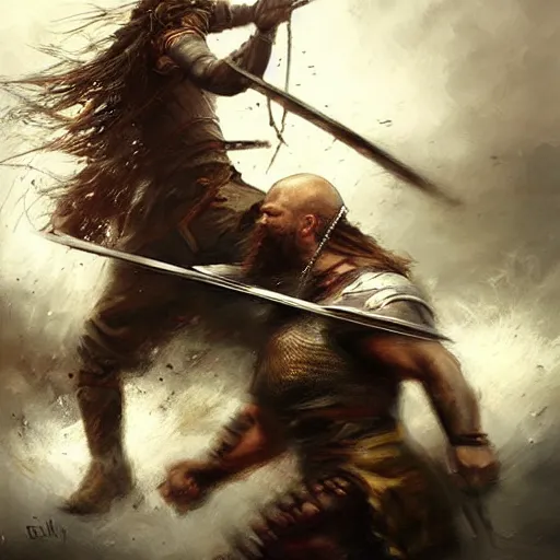 Image similar to a beautiful painting of a Viking attacking another man, by raymond swanland, featured on artstattion