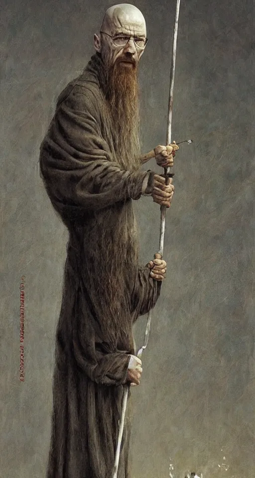 Image similar to Walter White as Saruman holding a staff by Esao Andrews and Karol Bak and Zdzislaw Beksinski