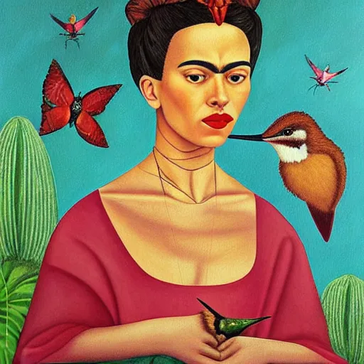 Prompt: painting Self-Portrait of scarlett johansson with Thorn Necklace and Hummingbird, by Frida Kahlo