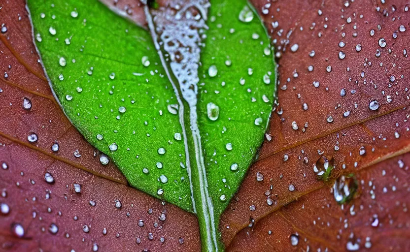 Prompt: zoom in of a tree leaf, highly detailed, water drops