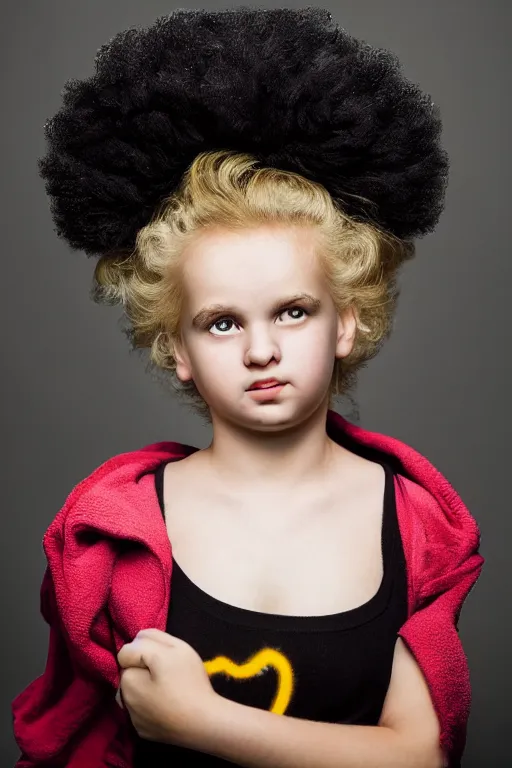 Prompt: studio portrait of cute girl that looks excactly like lisa simpson, lookalike, as if lisa simpson came to life, soft light, black background, fine details, close - up, award winning photo by martin schoeller