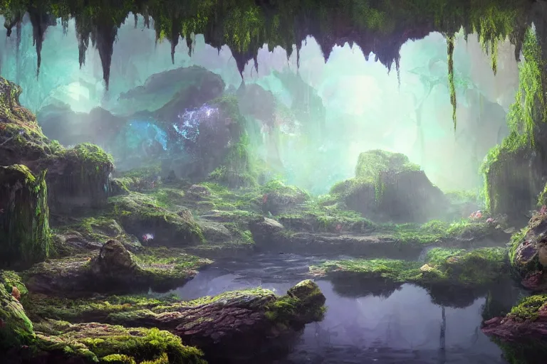 Image similar to beautiful stunning painting of a deep mysterious rocky varied cave landscape filled with large magic glowing clear crystals and filled with some ((plants)) and a small reflective pond, fantasy, digital art, realism, unreal engine, sharp, detailed, trending on artstation