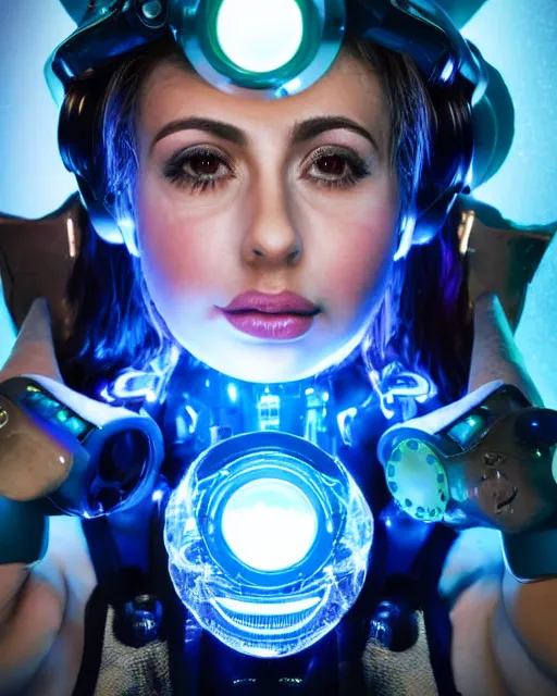 Image similar to centered portrait of soulful young sabrina salerno as a solarpunk mecha humanoid robotic parts wearing crystal goggles with bright led lights, real human face, pudica gesture bouguereau style, in white room, ultra - realistic and intricate, soft portrait shot 8 k