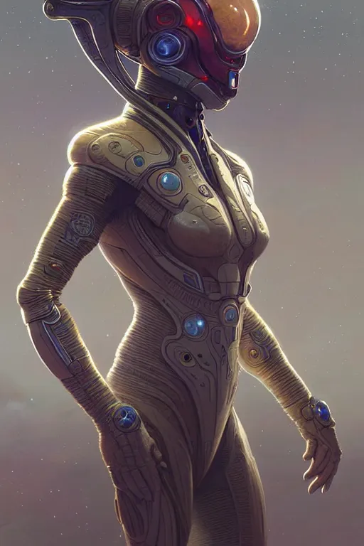 Image similar to ancient alien, technical space suit, intricate, elegant, highly detailed, digital painting, artstation, concept art, smooth, sharp focus, illustration, art by artgerm and greg rutkowski and alphonse mucha