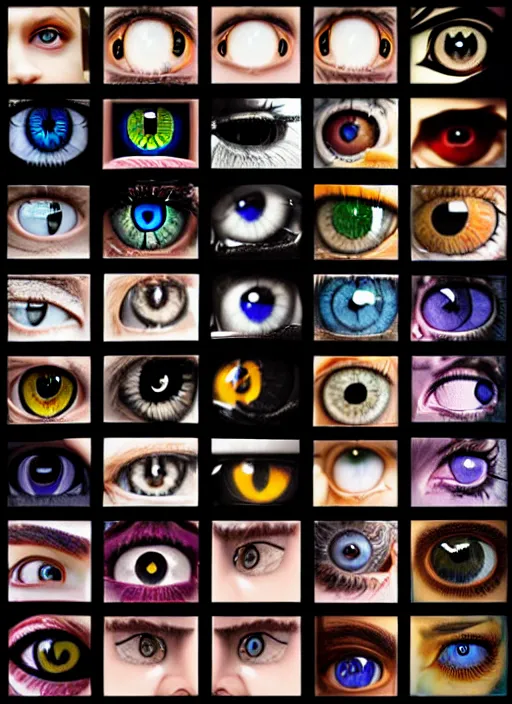 Image similar to grid montage of cube shaped eyes, square shaped black dilated pupils, cube shaped irises, detailed colored textures, square eyelashes, advanced art, art styles mix, from wikipedia, wet reflections in square eyes, sunshine light, hd macro photograph, from side, various eyelid positions, square black pupil centered