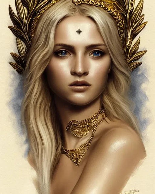 Image similar to tattoo sketch of blonde super model aphrodite greek goddess wearing a gold laurel wreath and triangle earrings, beautiful piercing gaze with sharp pupils, in the style of greg rutkowski, fantasy, amazing detail, epic, elegant, smooth, sharp focus, front view