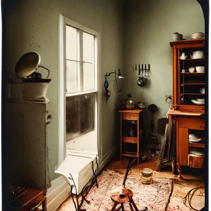 Image similar to kodak portra 4 0 0, wetplate, fisheye, award - winning portrait by britt marling, 1 8 8 0 s kitchen, ghost, picture frames, shining lamps, dust, smoke, 1 8 8 0 s furniture, wallpaper, carpet, books, muted colours, wood, fog, plants, flowers