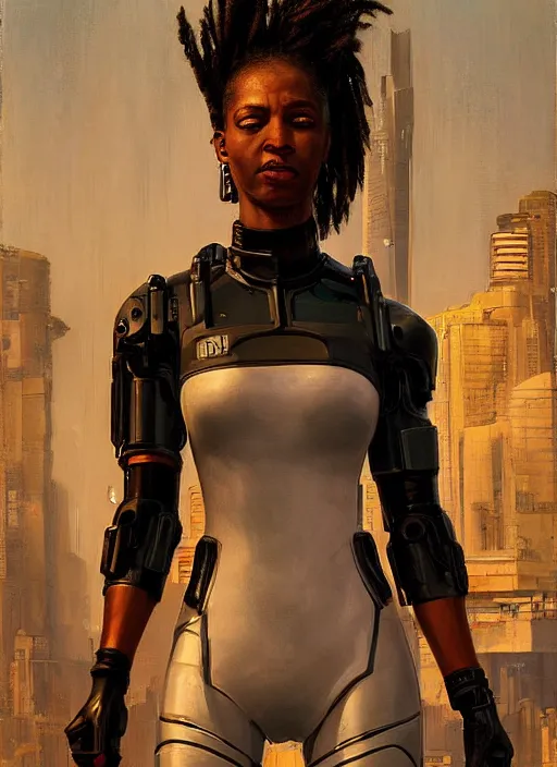 Image similar to Juliana Igwe. Buff Cyberpunk policewoman with robotic stilt legs. (Cyberpunk 2077, bladerunner 2049). gorgeous face. Patrolling at night. Iranian orientalist portrait by john william waterhouse and Edwin Longsden Long and Theodore Ralli and Nasreddine Dinet, oil on canvas. Cinematic, vivid colors, hyper realism, realistic proportions, dramatic lighting, high detail 4k