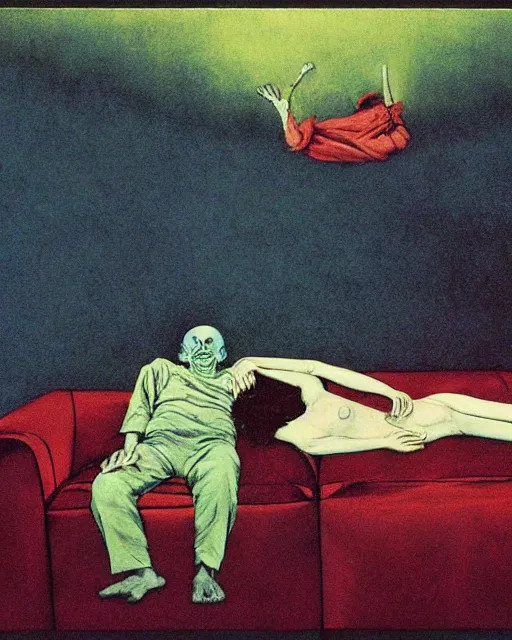 Image similar to early color photo of an old dead couple sitting on a couch in an old soviet apartment and looking at the scared enlightened boy flying up in sky, Beksinski painting, part by Adrian Ghenie and Gerhard Richter. art by Takato Yamamoto, Francis Bacon masterpiece