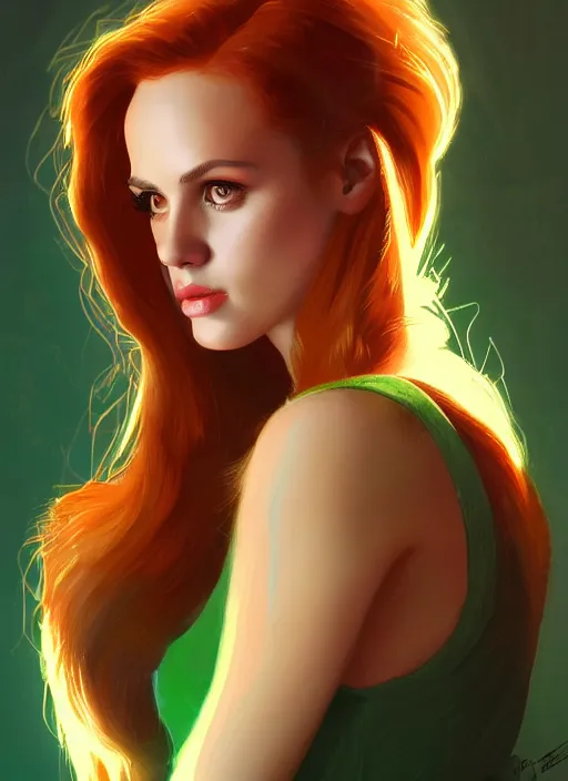 Image similar to portrait of teenage cheryl blossom, bangs, green eyes, mean expression, mischievous, bangs and wavy hair, bangs, intricate, elegant, glowing lights, highly detailed, digital painting, artstation, concept art, smooth, sharp focus, illustration, art by wlop, mars ravelo and greg rutkowski
