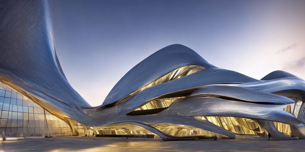 Image similar to extremely detailed ornate stunning sophisticated beautiful elegant futuristic museum exterior by Zaha Hadid, stunning volumetric light, stainless steal, concrete, translucent material, beautiful sunset, tail lights