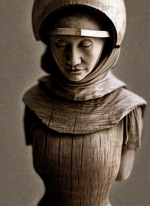 Prompt: realistic photo portrait of a a medieval wooden sculpture of a female monk dressed wearing in white spherical hat helmet made of wood, sci - fi, greyscale 1 9 9 0, life magazine photo, natural colors,