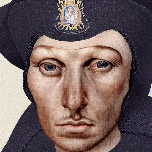 Image similar to hyperrealistic, ultra detailed, realistic render of a police officer in the style of hieronymos bosch