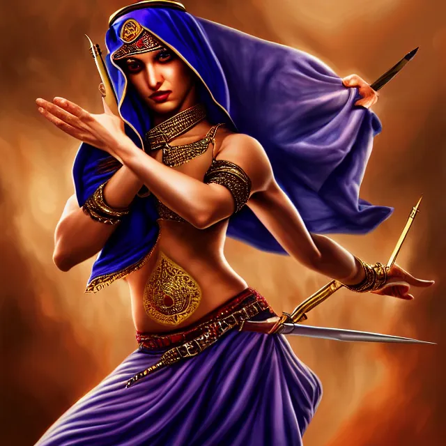 Prompt: arabian dancer assassin, artgerm, anne stokes, highly detailed, 8 k, hdr, close up, smooth, sharp focus, high resolution, award - winning photo