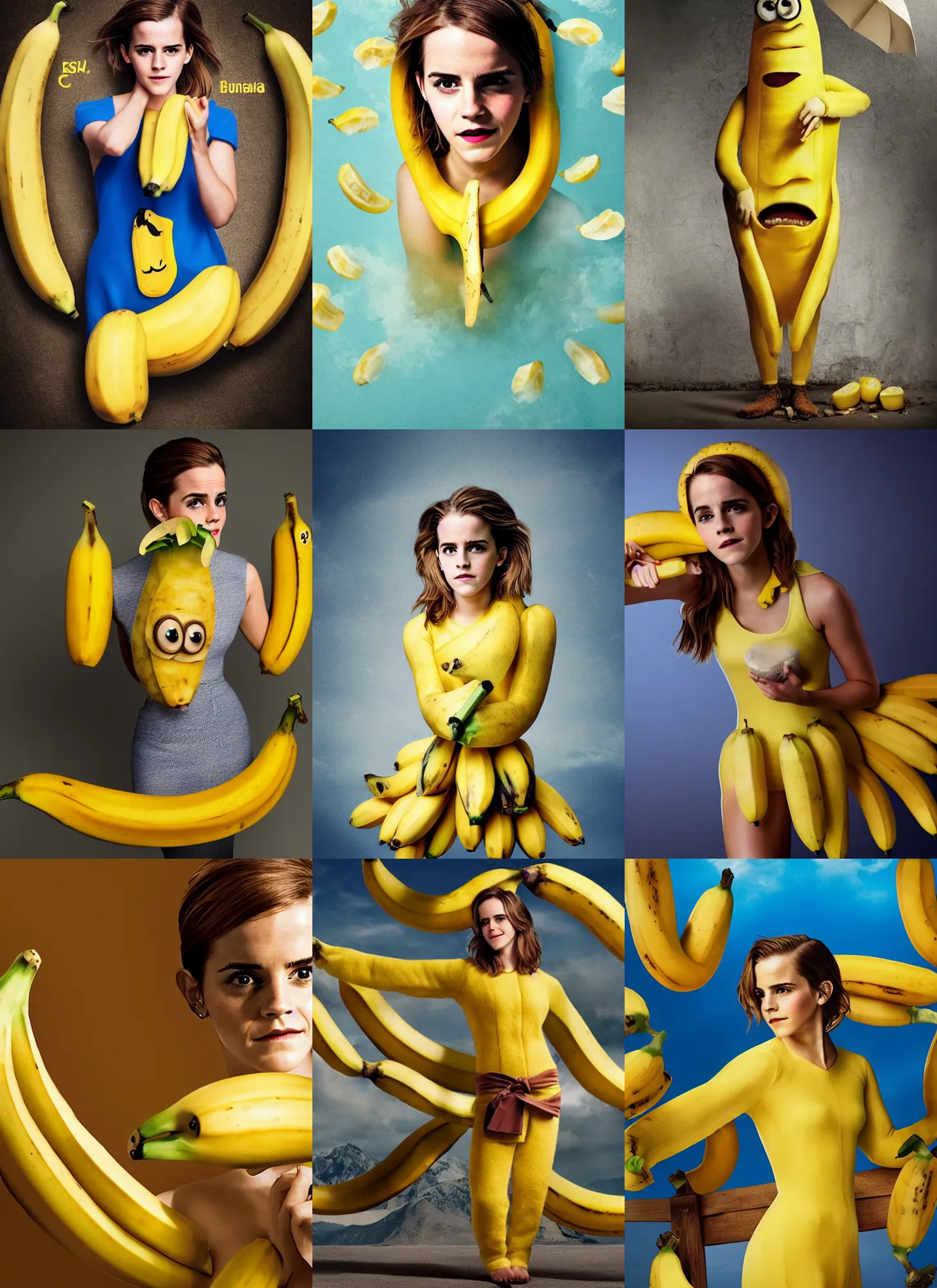 Prompt: emma watson as!! a banana!! in an upcoming movie directed by chiquita brands international inc., surrealism, banana costume, promo shoot, studio lighting