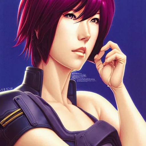 Prompt: head and shoulders portrait of Motoko Kusanagi League of Legends illustration, medium shot, intricate, elegant, highly detailed, digital art, ffffound, art by JC Leyendecker and sachin teng