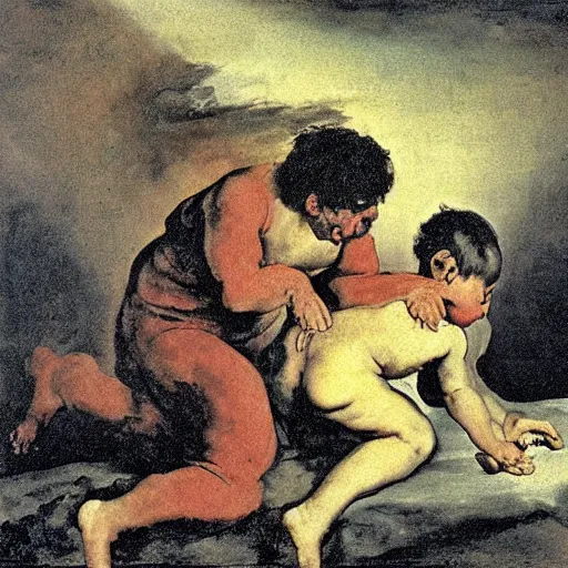 Image similar to saturn devouring his son, painting by francisco goya