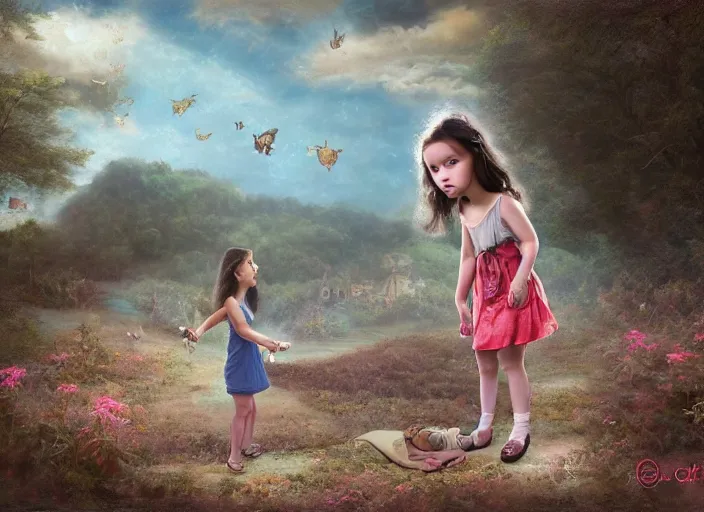 Image similar to a little girl with a cross fights off terrified demons, clear face and bright eyes. 8 k, matte painting, lowbrow in the style of lilia alvarado, mark ryden and martin johnson heade,