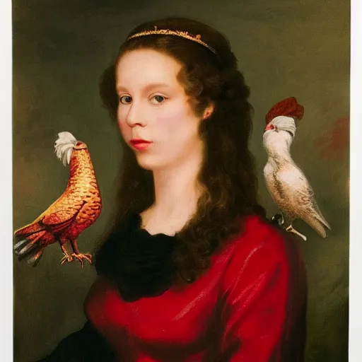 Prompt: a realistic close up portrait photo of a young woman in a red dress wearing a golden tiara and holding a falcon