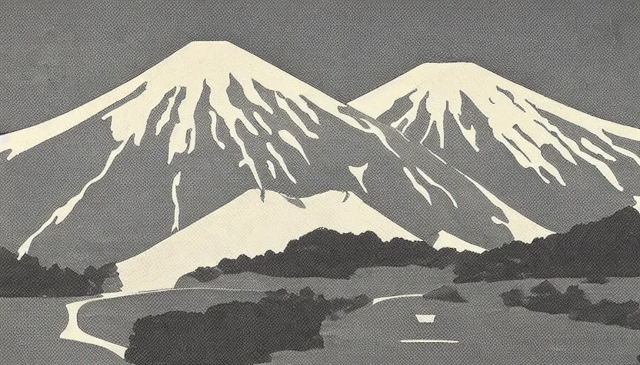 Image similar to award winning graphic design poster, cutouts constructing an contemporary art depicting mount fuji, rural splendor, and bullet train, isolated on white, mixed media painting by jules julien