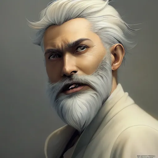 Prompt: portrait of a man with stylish white hair,an unusual beard and yellow eyes,character design by charlie bowater, ross tran, artgerm, and makoto shinkai, detailed, inked, western comic book art, 2021 award winning painting,digital art,art by greg rutkowski,photorealistic,highly detailed,hyperdetailed,hyperrealistoc,detailed face,surreal,fantasy