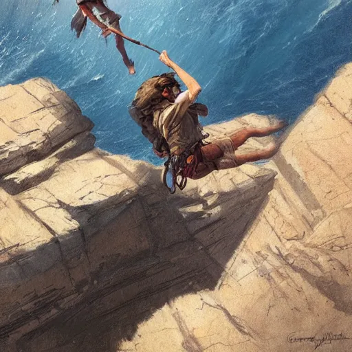 Image similar to adventurer hanging off a rocky cliff holding on by one hand, top down view by Greg Rutkowski by James Gurney