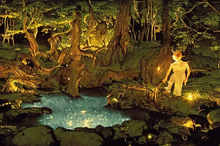 Prompt: a scenic view of a shining ghost flowing in the middle of a magical forest at night, detailed, cinematic, dramatic scene, retro illustration by Norman Rockwell.