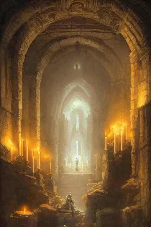 Prompt: Detailed Interior of Monastery Ruins, Moonlit Walls, light of god, light shafts, candles, stunning atmosphere, in Style of Peter Mohrbacher, night