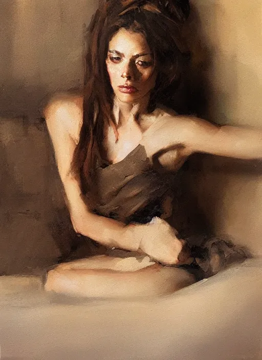 Image similar to beautiful portrait painting of a woman posing in an artistic pose holding her hair bun over a bed, by jeremy mann, only one head single portrait