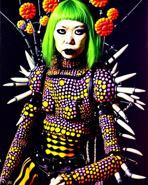 Image similar to portrait of a skinny punk goth yayoi kusama wearing armor by simon bisley, john blance, frank frazetta, fantasy, thief warrior, floral flowers colorful