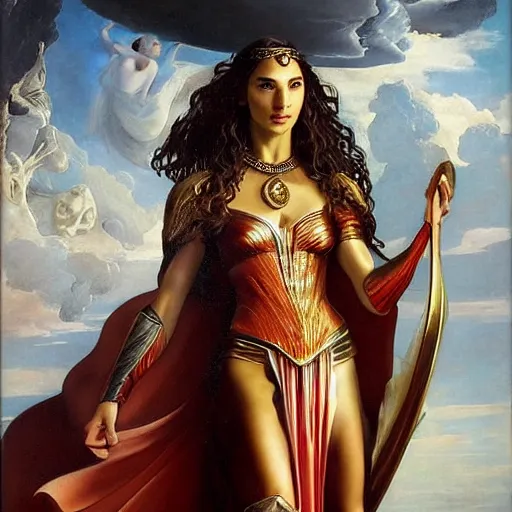 Image similar to Full body oil painting of the beautiful goddess Gal Gadot as Atenea, she is wearing roman clothes and a surreal jewelry, her hair is natural disheveled, she is approaching heaven over the clouds, naturalism, dramatic lighting, high-detailed oil painting by Ilya Repin, Michelangelo da Caravaggio, William Blake, Alex Grey and Beksinski, trending on Artsation, hystorical painting, naturalism, masterpiece, 4k, 8k,