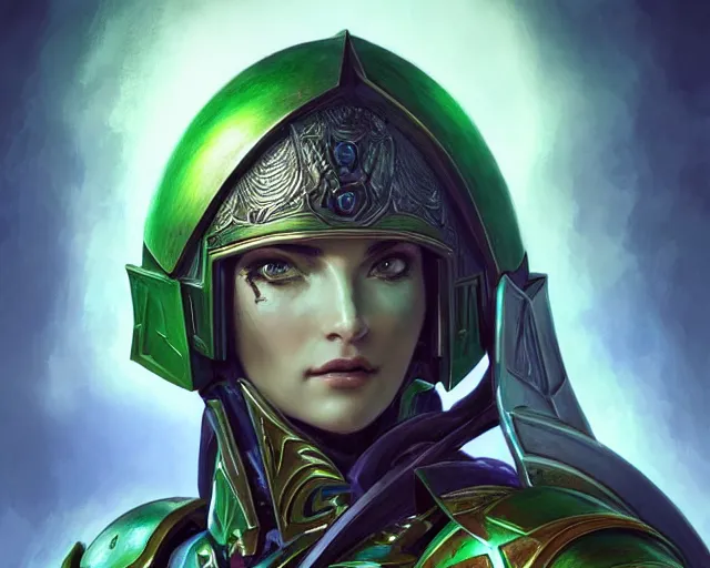 Prompt: extreme close up portrait of a aeldari in armor,, bottom up green lighting, stoic, poised, deep focus, d & d, fantasy, intricate, highly detailed, digital painting, artstation, concept art, matte, sharp focus, illustration, hearthstone, art by artgerm and greg rutkowski and alphonse mucha