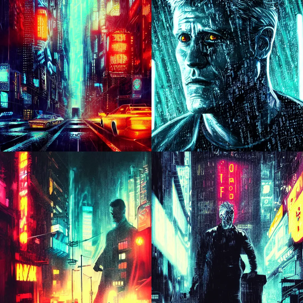 Prompt: Portrait of Roy Batty, Bladerunner, tears in the rain, hyper-detailed, cyberpunk, dystopian city skyline at night, colorful neon signs, 4k ultra hd, trending on artstation, fantasy dark art