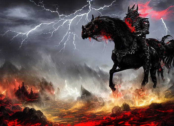 Image similar to a large warrior in full plate of black armor, splattered with blood, riding a large black warhorse, nightmare with red glowing eyes and red glowing mane and tail, blackened clouds cover sky crackling with lightning and rain in the distance, a castle in distance in flames and ruins, the ground is dark and cracked,