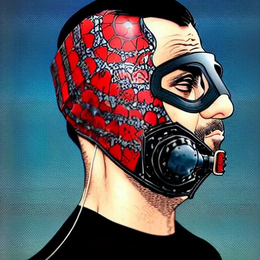 Image similar to a profile photo of a persian man with a diving mask with side profile blood in ocean intricate details by MARVEL comics and Sandra Chevrier-C