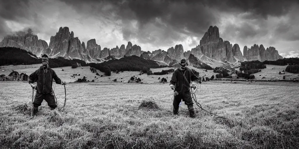 Image similar to alpine farmer turning into hay and root monster, old pastures, dolomites in background, dark, eerie, despair, portrait photography, artstation, highly detailed, sharp focus, by cronneberg